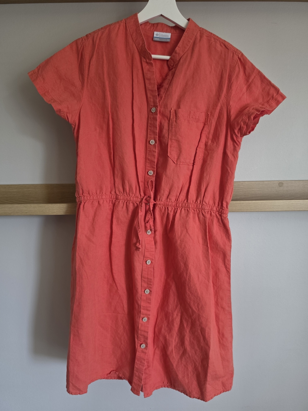 Women's Orange Button-Front Midi Dress with Drawstring Waist